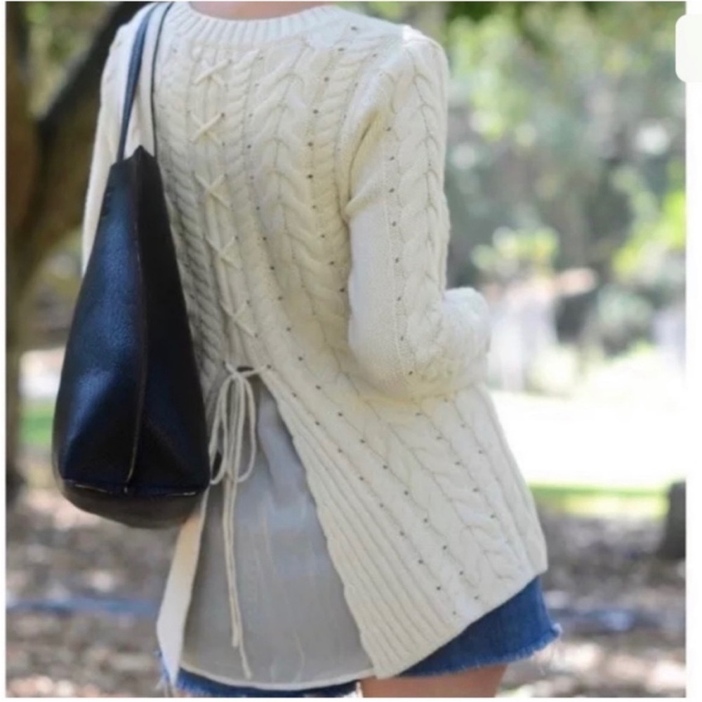 CAbi #3157 Cream Chunky Knit Crew Neck Sweater w/ Sheer Back Lining, S - Picture 7 of 8